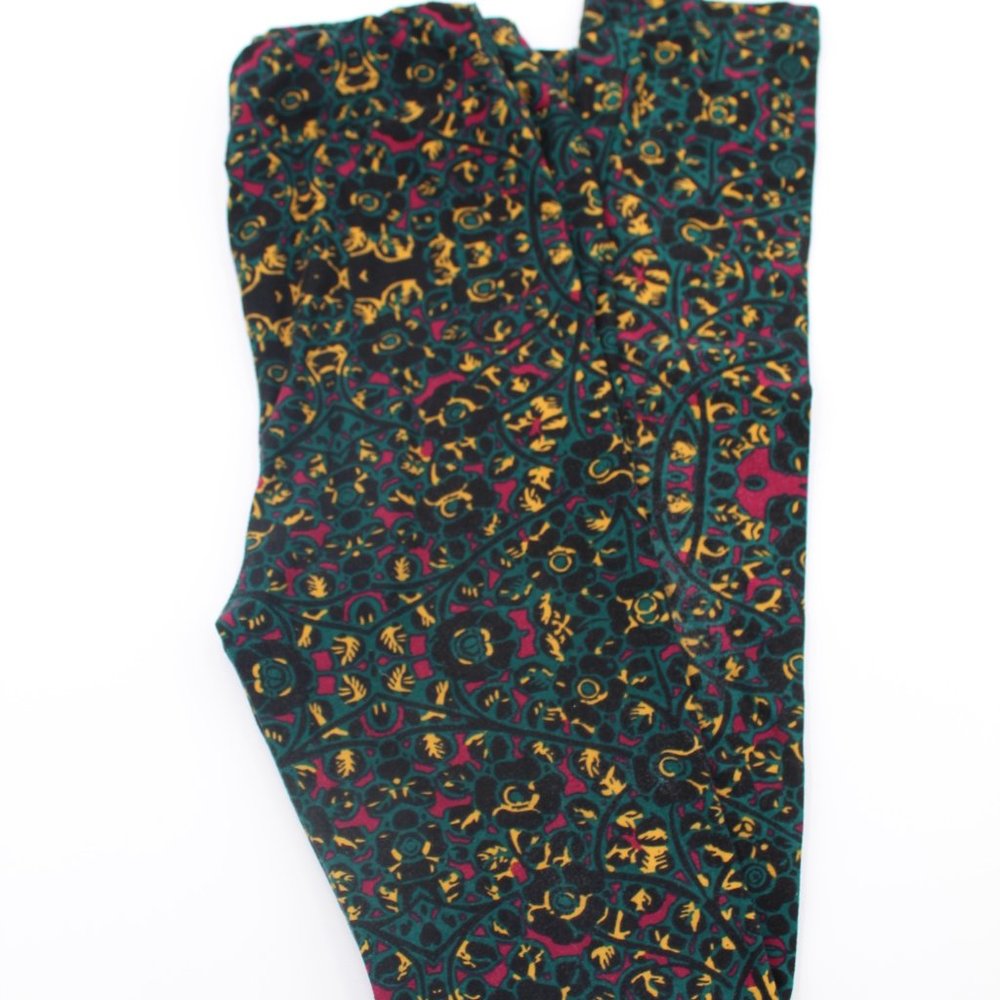 LuLaRoe Leggings Pants Kids L/XL Buttery Soft & Comfy Green With Yellow & Maroon